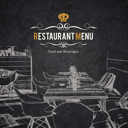 Restaurant menu design. Vector menu brochure template for cafe, coffee house, restaurant, bar. Food and drinks logotype symbol design. With a sketch picturesのイラスト素材