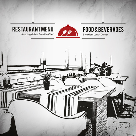 Restaurant menu design. Vector menu brochure template for cafe, coffee house, restaurant, bar. Food and drinks logotype symbol design. With a sketch picturesのイラスト素材