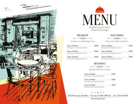 Restaurant menu design. Vector menu brochure template for cafe, coffee house, restaurant, bar. Food and drinks logotype symbol design. With a sketch picturesのイラスト素材