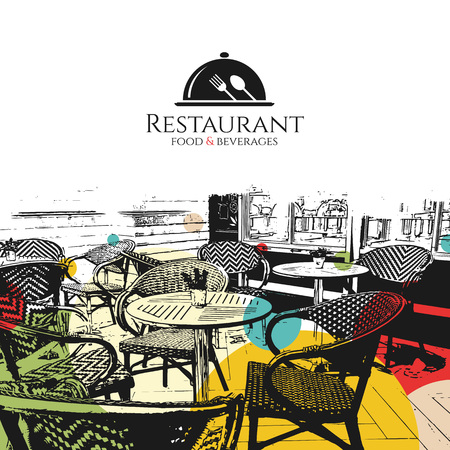 Restaurant menu design. Vector menu brochure template for cafe, coffee house, restaurant, bar. Food and drinks logotype symbol design. With a sketch picturesのイラスト素材