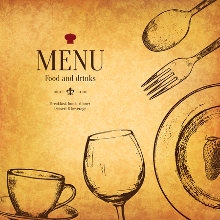 Restaurant menu design. Vector menu brochure template for cafe, coffee house, restaurant, bar. Food and drinks logotype symbol design. With a sketch picturesのイラスト素材