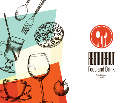 Restaurant menu design. Vector menu brochure template for cafe, coffee house, restaurant, bar. Food and drinks logotype symbol design. With a sketch picturesのイラスト素材