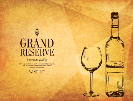 Wine list design. Vector brochure template for winery, cafe, restaurant, bar. Wine bottles and glassesのイラスト素材