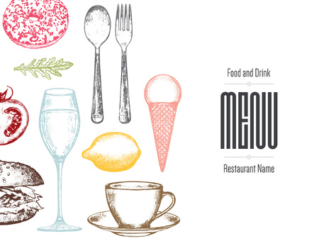 Restaurant menu design. Vector menu brochure template for cafe, coffee house, restaurant, bar. Food and drinks logotype symbol design. With a sketch picturesのイラスト素材