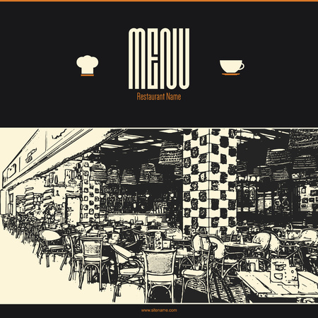 Restaurant menu design. Vector menu brochure template for cafe, coffee house, restaurant, bar. Food and drinks logotype symbol design. With a sketch picturesのイラスト素材