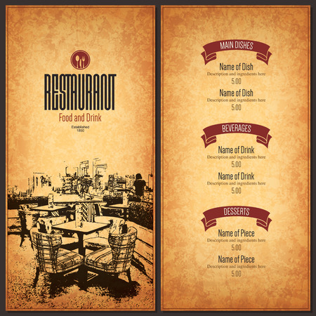 Restaurant menu design. Vector menu brochure template for cafe, coffee house, restaurant, bar. Food and drinks logotype symbol design. With a sketch picturesのイラスト素材