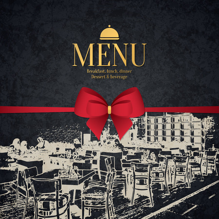 Restaurant menu design. Vector menu brochure template for cafe, coffee house, restaurant, bar. Food and drinks logotype symbol design. With a sketch picturesのイラスト素材