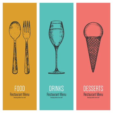 Restaurant menu design. Vector menu brochure template for cafe, coffee house, restaurant, bar. Food and drinks logotype symbol design. With a sketch picturesのイラスト素材