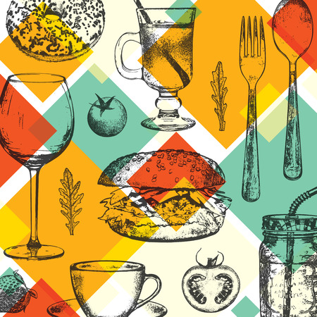 Restaurant menu design. Vector menu brochure template for cafe, coffee house, restaurant, bar. Food and drinks logotype symbol design. With a sketch picturesのイラスト素材