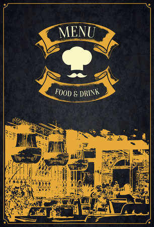 Restaurant menu design. Vector menu brochure template for cafe, coffee house, restaurant, bar. Food and drinks logotype symbol design. With a sketch picturesのイラスト素材