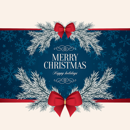 Christmas and New Year. Vector greeting card with red bow and Christmas treeのイラスト素材