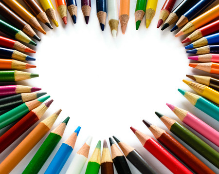 Closeup of colorful pencils in heart shape; Love School - Conceptの写真素材