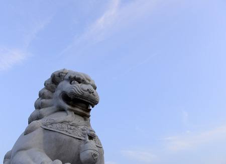 Shoot a proud head of stone lions under the blue skyの写真素材