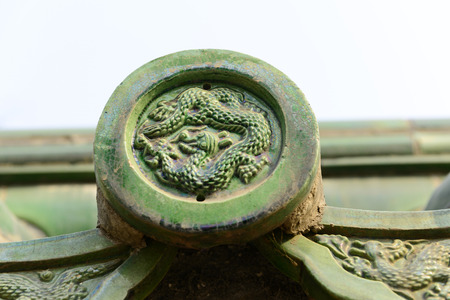 With design of glazed tile roof construction, close-upの写真素材