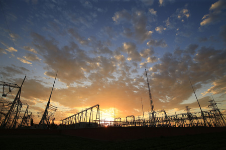 Substation in the evening, the silhouette of the power supply facilities