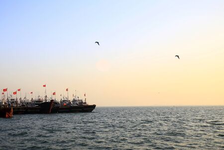 The fishing boats docked at the sea