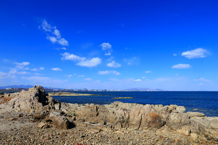 Seaside view with blue sky backgroundの写真素材