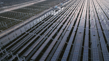Drones capture on-site construction of photovoltaic panelsの写真素材