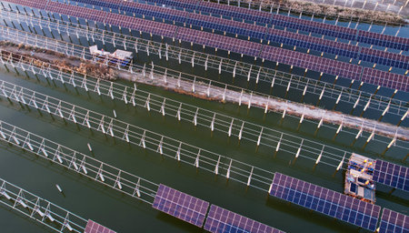 Drones capture on-site construction of photovoltaic panelsの写真素材