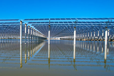 Drones capture on-site construction of photovoltaic panelsの写真素材