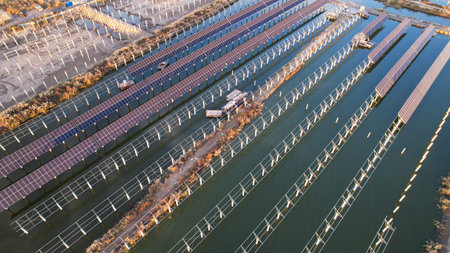 Drones capture on-site construction of photovoltaic panelsの写真素材