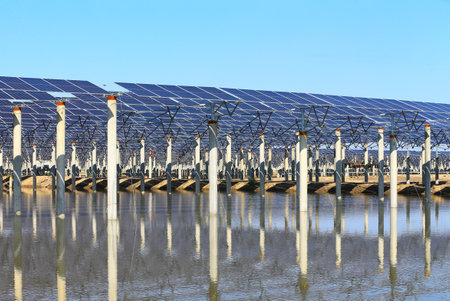 On site construction of photovoltaic panelsの写真素材