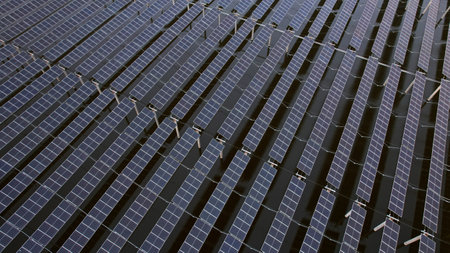 Drones capture on-site construction of photovoltaic panelsの写真素材