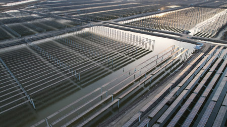 Drones capture on-site construction of photovoltaic panelsの写真素材
