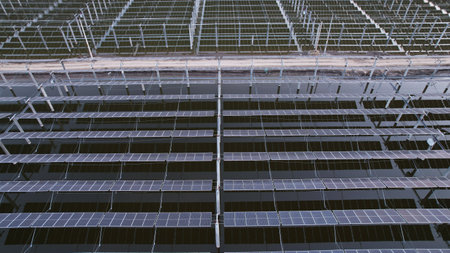 Drones capture on-site construction of photovoltaic panelsの写真素材