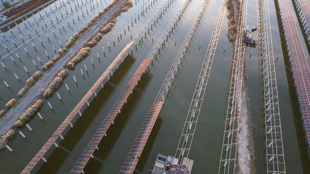 Drones capture on-site construction of photovoltaic panelsの写真素材