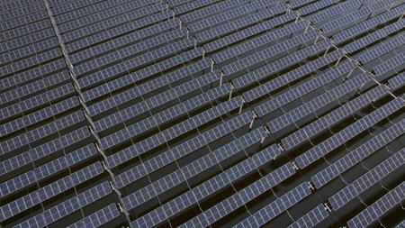 Drones capture on-site construction of photovoltaic panelsの写真素材