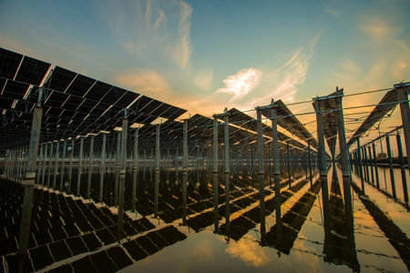 On site construction of photovoltaic panelsの写真素材