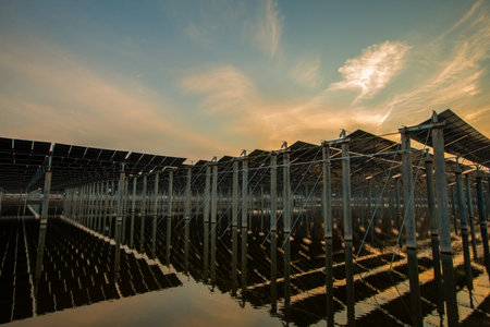 On site construction of photovoltaic panelsの写真素材