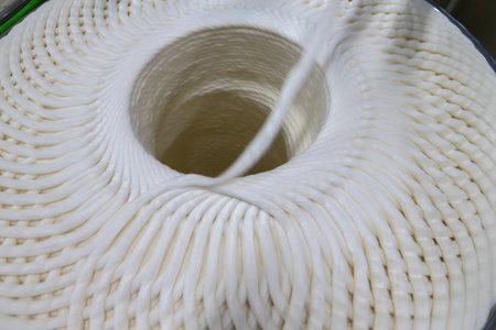 A close-up of a spool of yarn inside the factory