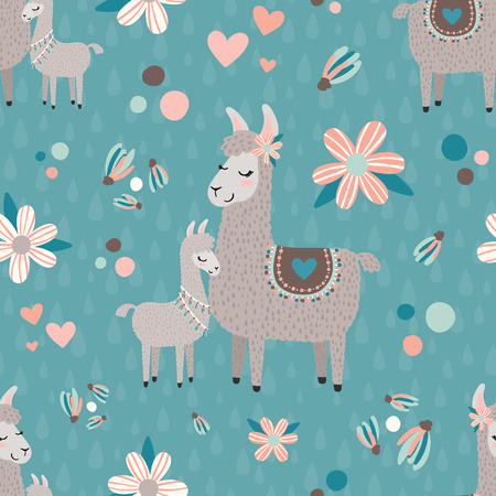 Teal mama llama seamless pattern backgroundのイラスト素材