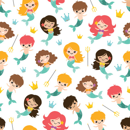Vector Mermaids and Mermen Seamless Pattern Backgroundの写真素材