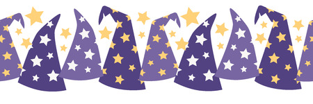 Vector Magical Starry Wizard Hats Seamless Border. Perfect for scrapbooking, kids, stationery, Halloween, and home decor projects.のイラスト素材