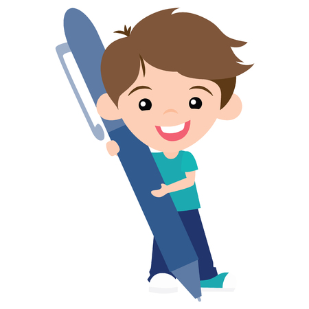 Vector Cute Pen Pal Boy with Pen Illustration. Perfect for scrapbooking, kids, Valentines Day, pen pals, love, stationery, parties, clothing, and home decor projects.のイラスト素材