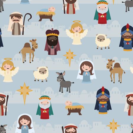 Vector Blue Christmas Nativity Characters Seamless Pattern Backgroundのイラスト素材