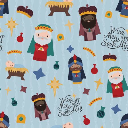 Vector Blue Nativity Three Wise Men Seamless Pattern Backgroundのイラスト素材