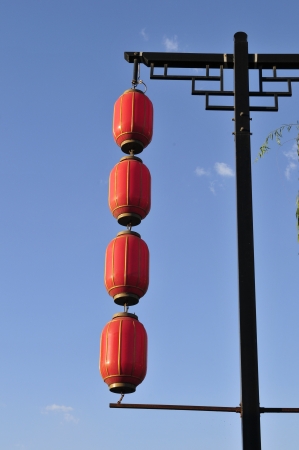 In the blue sky background of Chinese lanternの写真素材