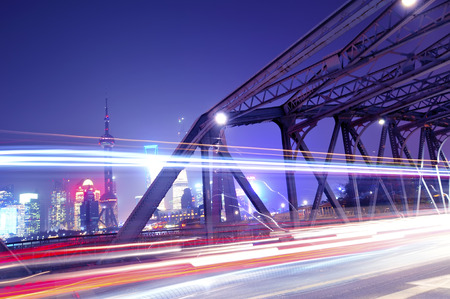 The garden bridge of Shanghai in China, the landmark. Colorful light trailsのeditorial素材