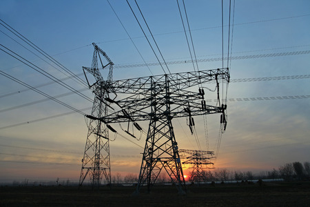 High voltage electric tower lineの写真素材