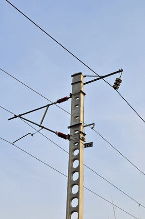 Rail overhead line, link, shot from close rangeの写真素材