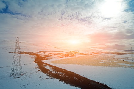 Snow mountain landscape of the grasslandsの写真素材