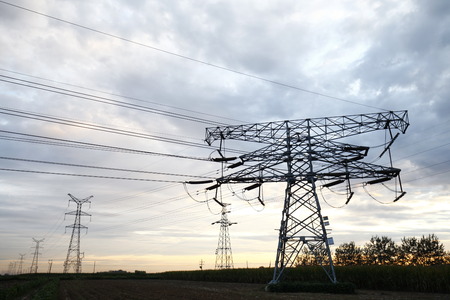 High voltage electric tower lineのeditorial素材