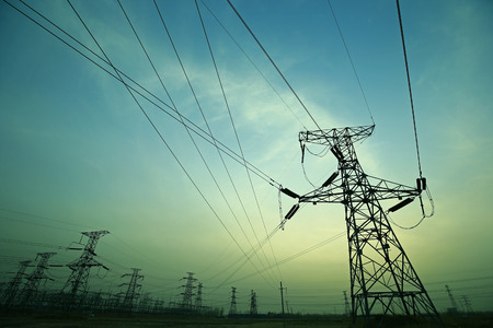 Pylon, high-voltage tower sky background.の写真素材