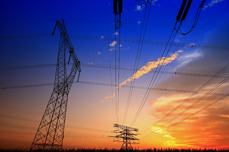 Pylon, high-voltage tower sky background.の写真素材