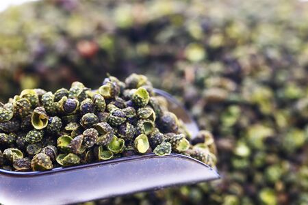 Green peppercorns on a white backgroundの写真素材