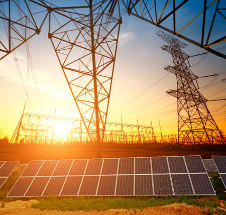 Solar panels and pylon, green environmental protectionの写真素材